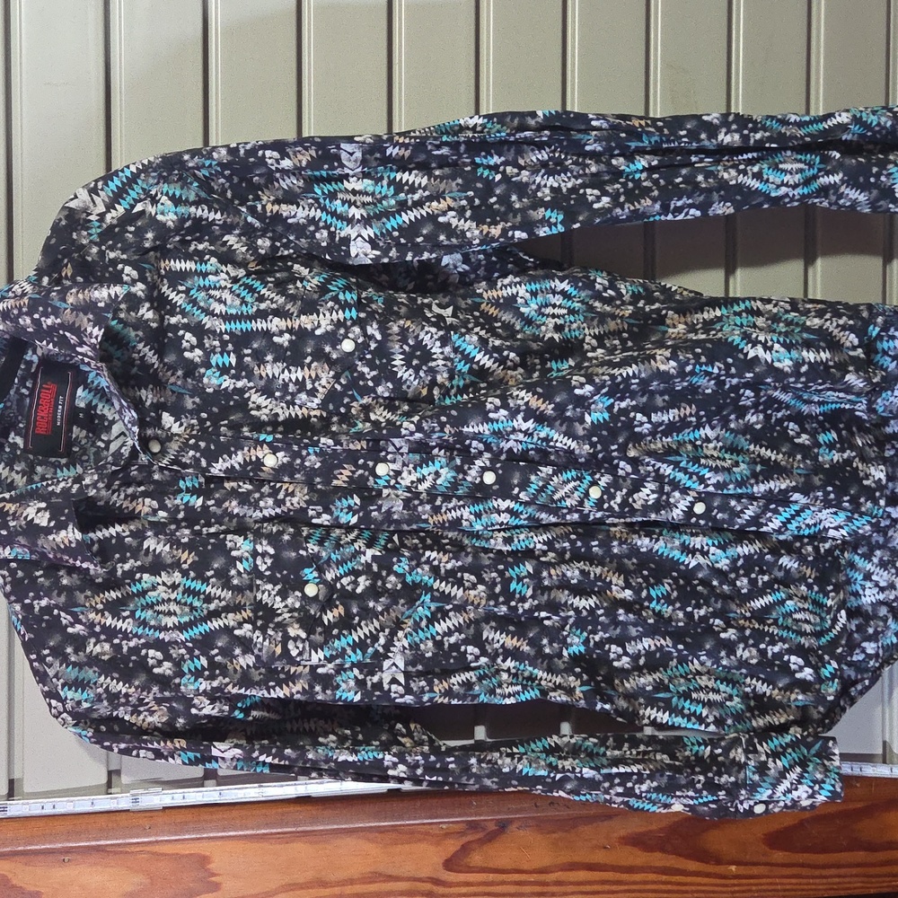 Western Black and Teal Patterned Button-Up Shirt